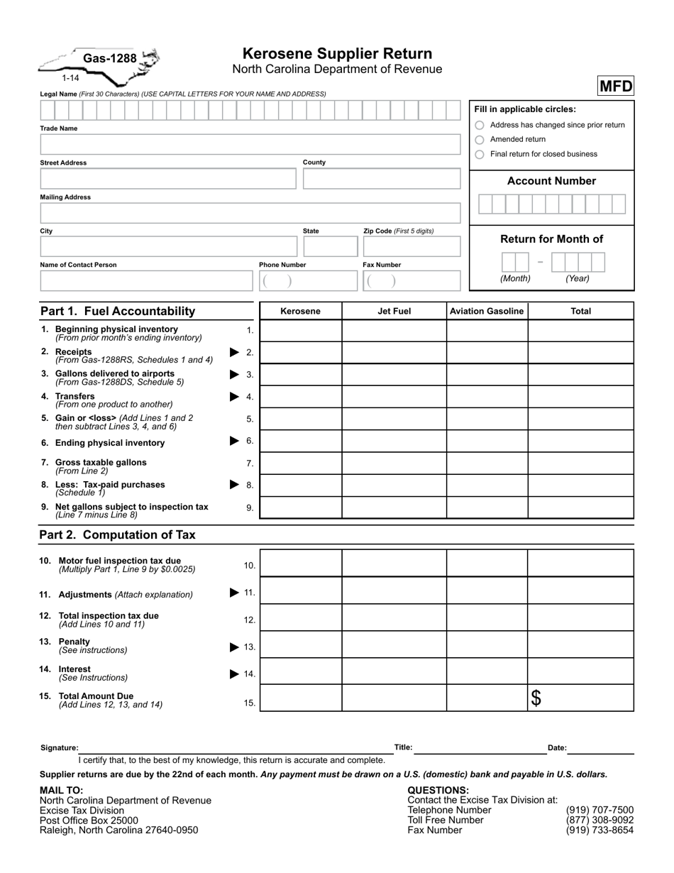 Form GAS-1288 Kerosene Supplier Return - North Carolina, Page 1