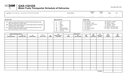 Document preview: Form GAS-1301DS Motor Fuels Transporter Schedule of Deliveries - North Carolina