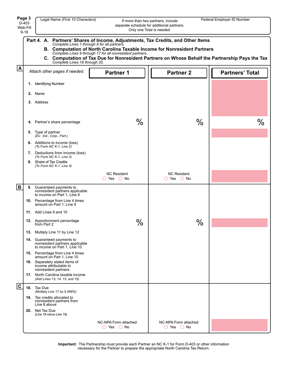 Form D-403 Partnership Income Tax Return - North Carolina, Page 4
