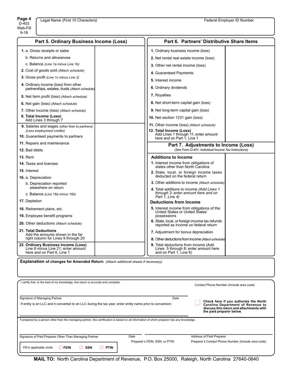 Form D-403 Partnership Income Tax Return - North Carolina, Page 5