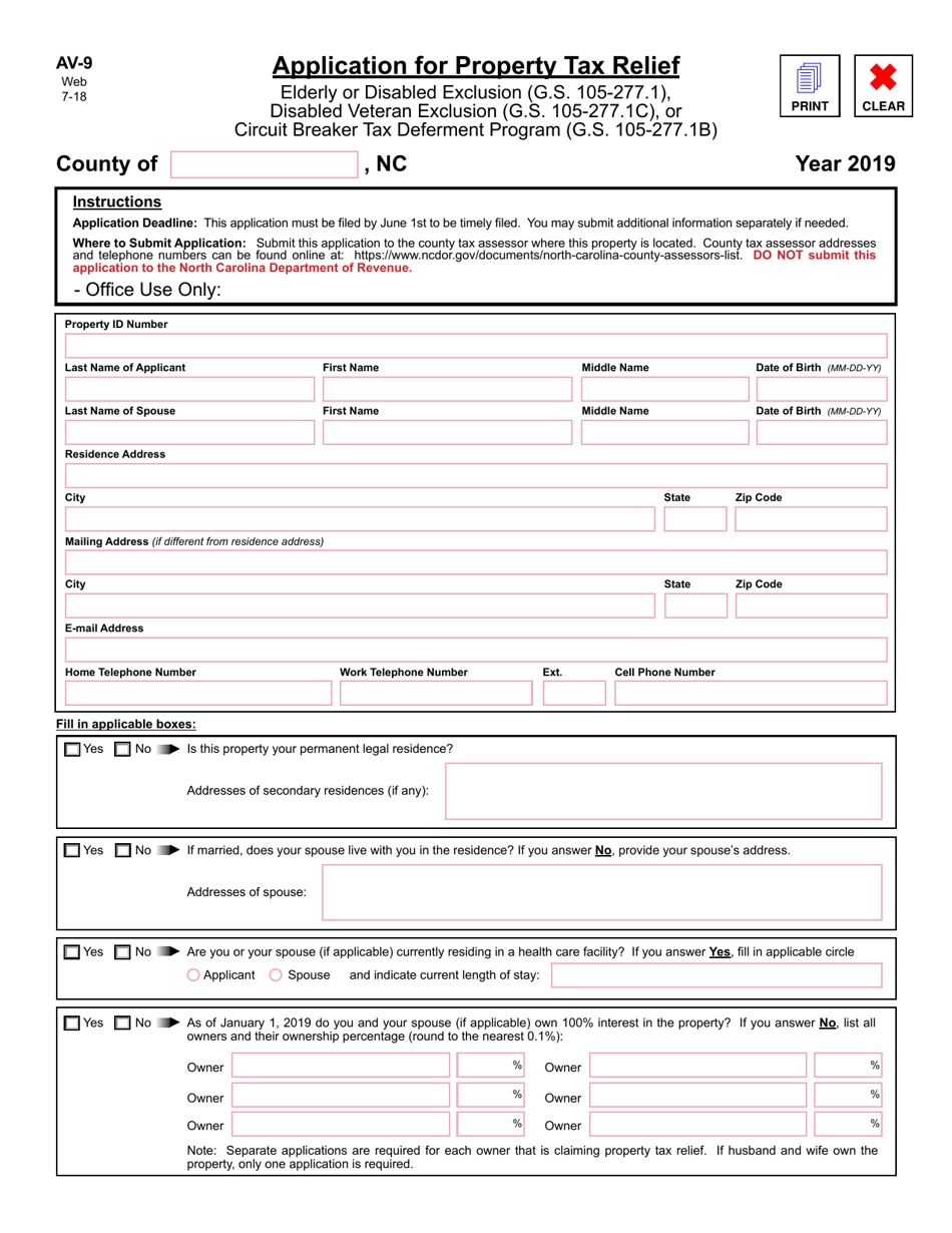 Form AV-9 Application for Property Tax Relief Form - North Carolina, Page 1