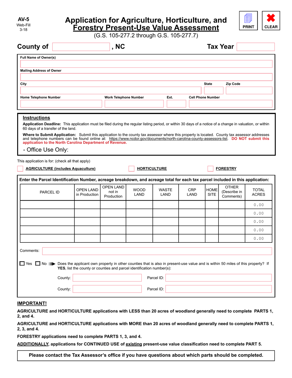 Form AV-5 Application for Agriculture, Horticulture, and Forestry Present-Use Value Assessment - North Carolina, Page 1