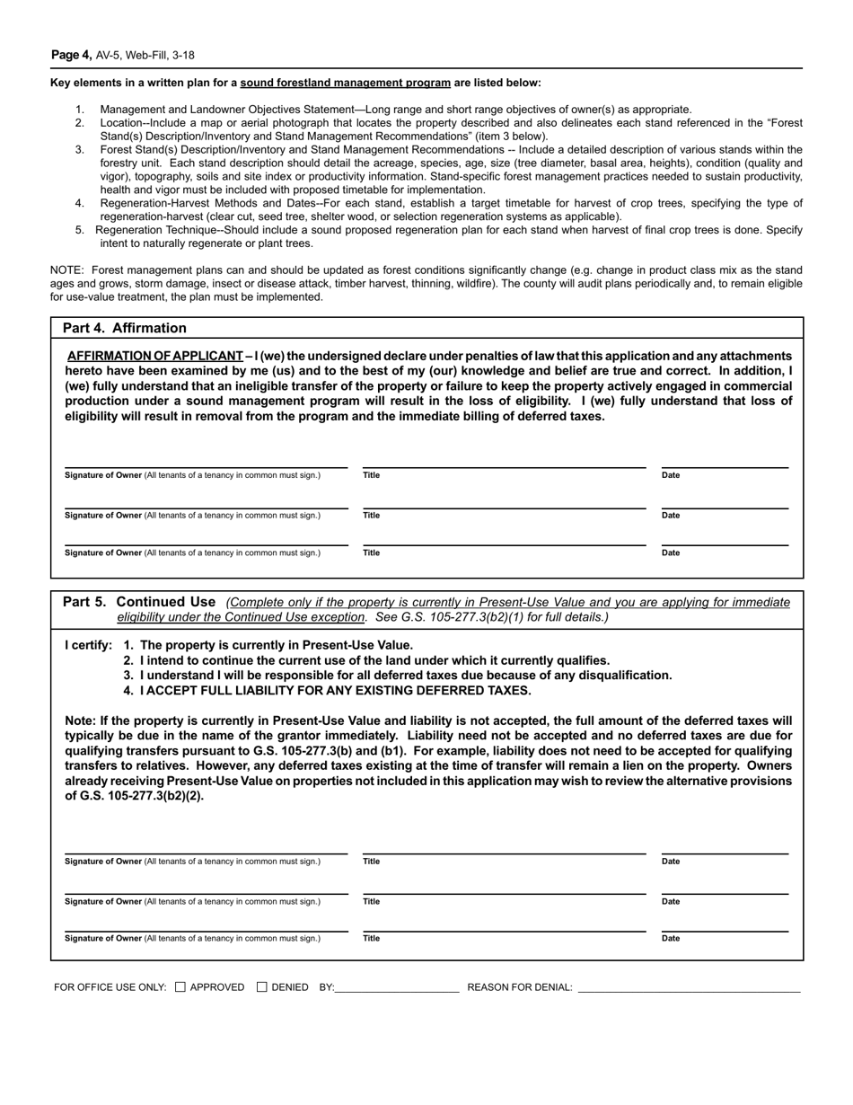 Form AV-5 Application for Agriculture, Horticulture, and Forestry Present-Use Value Assessment - North Carolina, Page 4