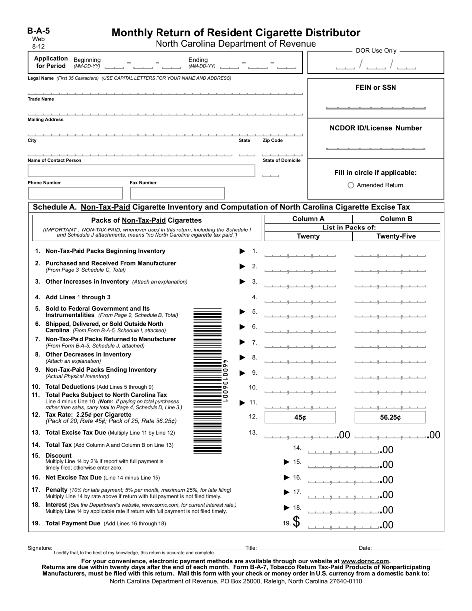 Form B-A-5 Monthly Return of Resident Cigarette Distributor - North Carolina, Page 1