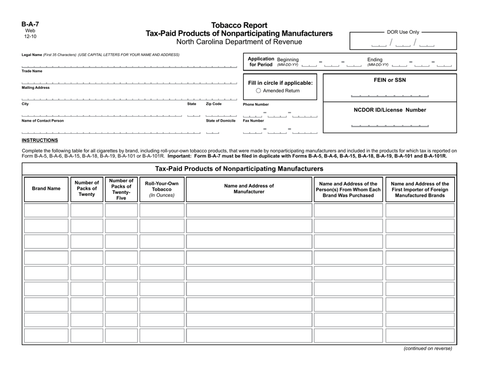 Form B-A-7 Tobacco Report - Tax-Paid Products of Nonparticipating Manufacturers - North Carolina, Page 1