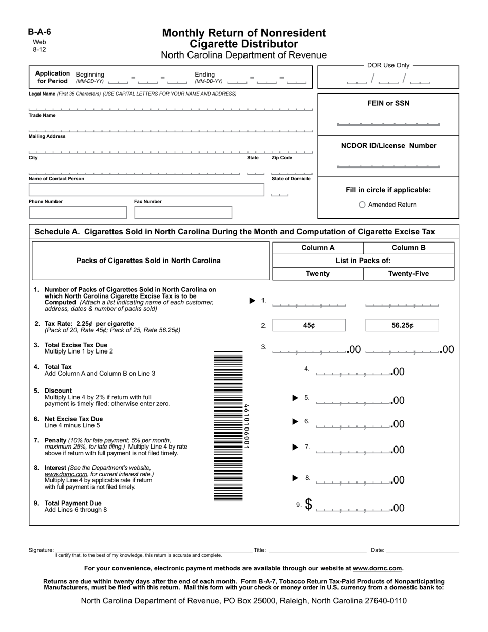 Form B-A-6 Monthly Return of Nonresident Cigarette Distributor - North Carolina, Page 1