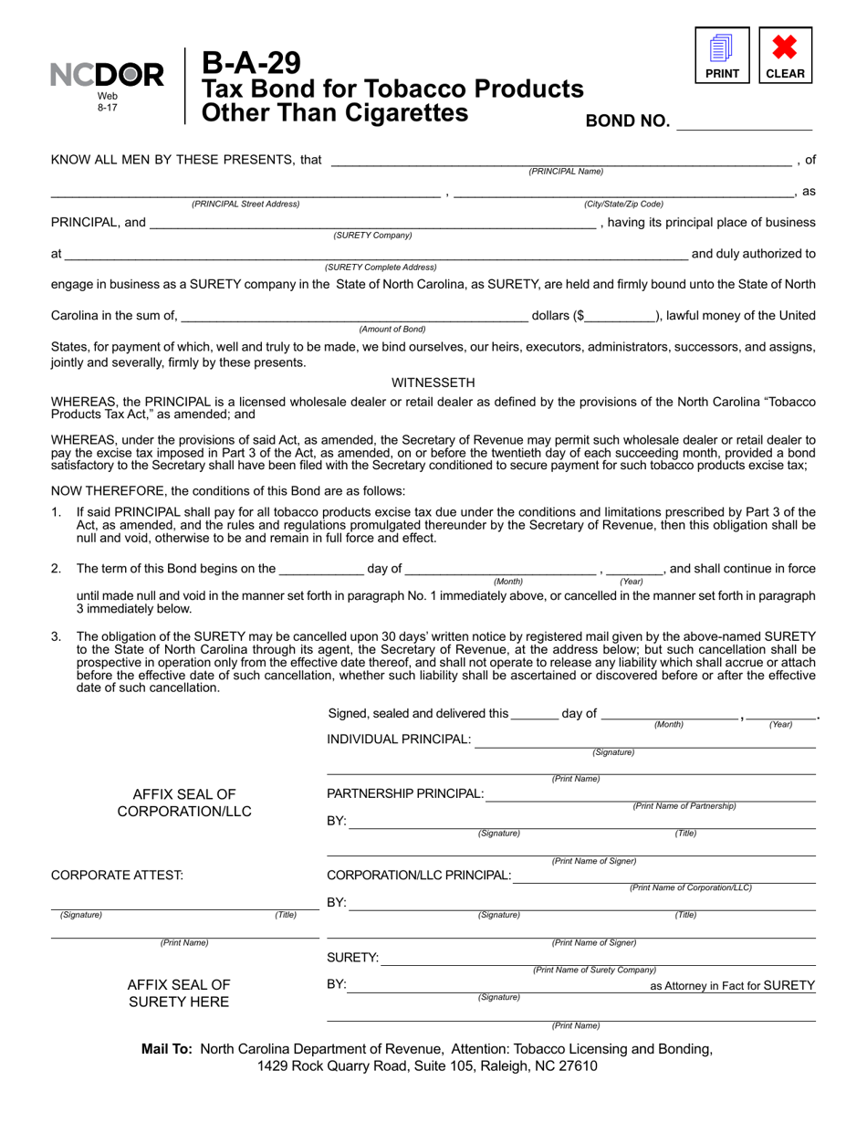 Form B-A-29 Tax Bond for Tobacco Products Other Than Cigarettes - North Carolina, Page 1