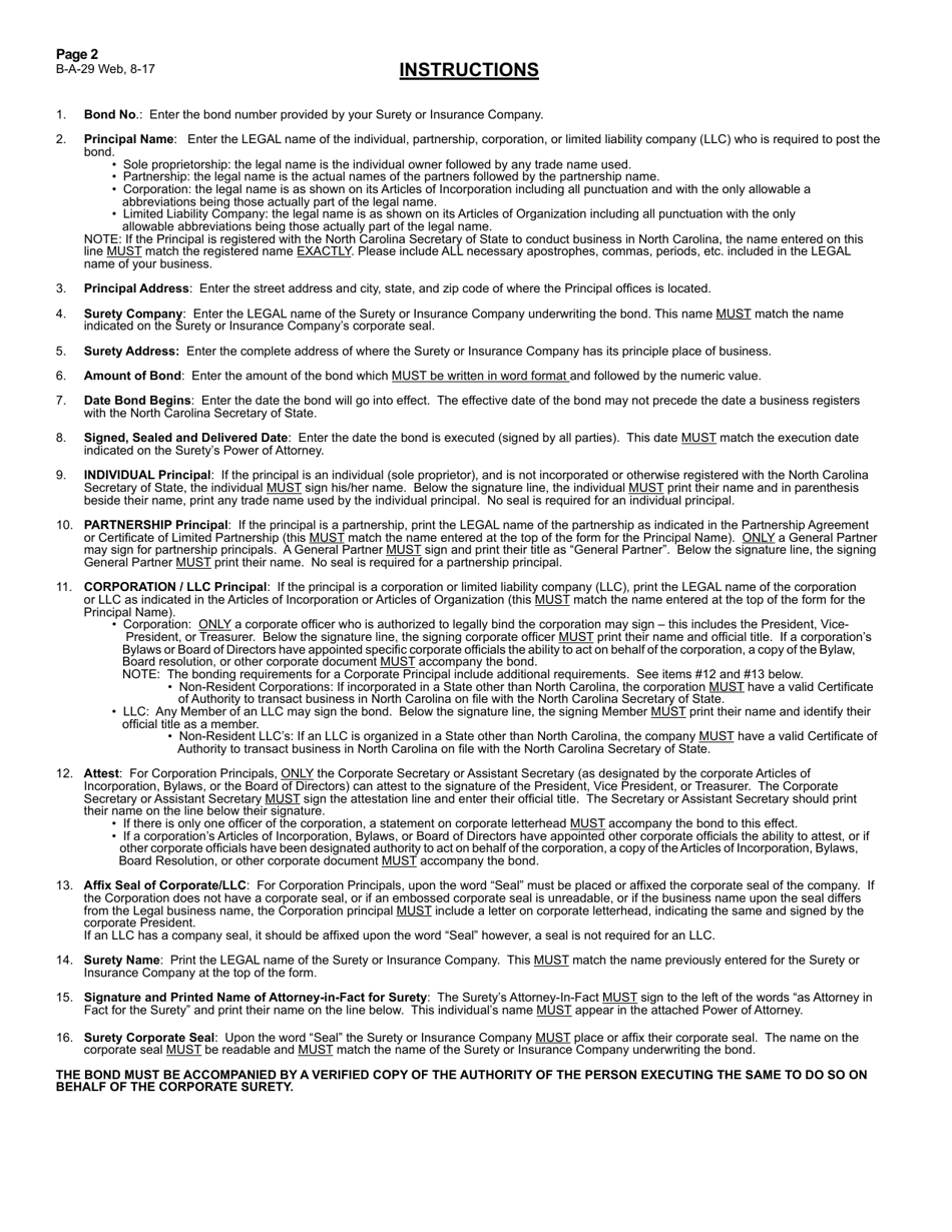 Form B-A-29 Tax Bond for Tobacco Products Other Than Cigarettes - North Carolina, Page 2