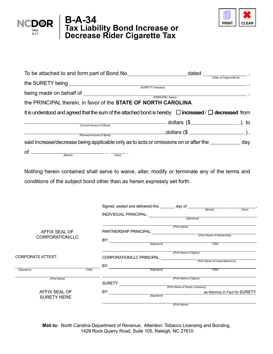 Form B-A-34 Tax Liability Bond Increase or Decrease Rider Cigarette Tax - North Carolina, Page 1