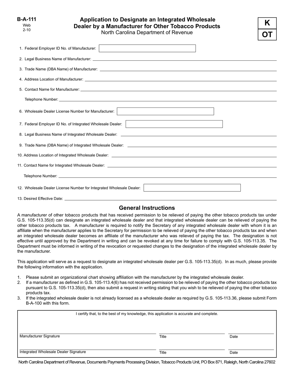 Form B-A-111 Application to Designate an Integrated Wholesale Dealer by a Manufacturer for Other Tobacco Products - North Carolina, Page 1