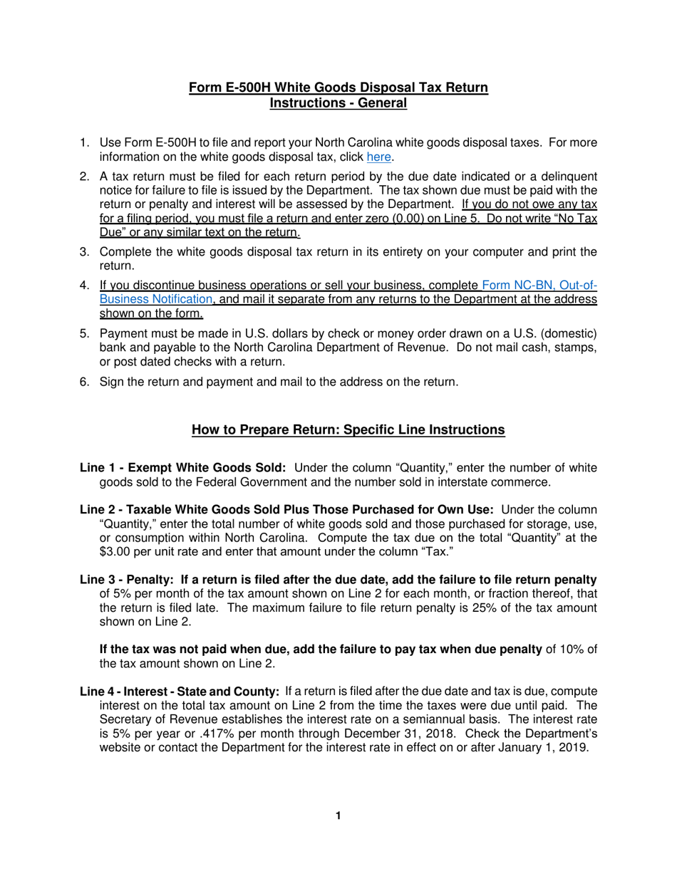 Instructions for Form E-500H White Goods Disposal Tax Return - North Carolina, Page 1