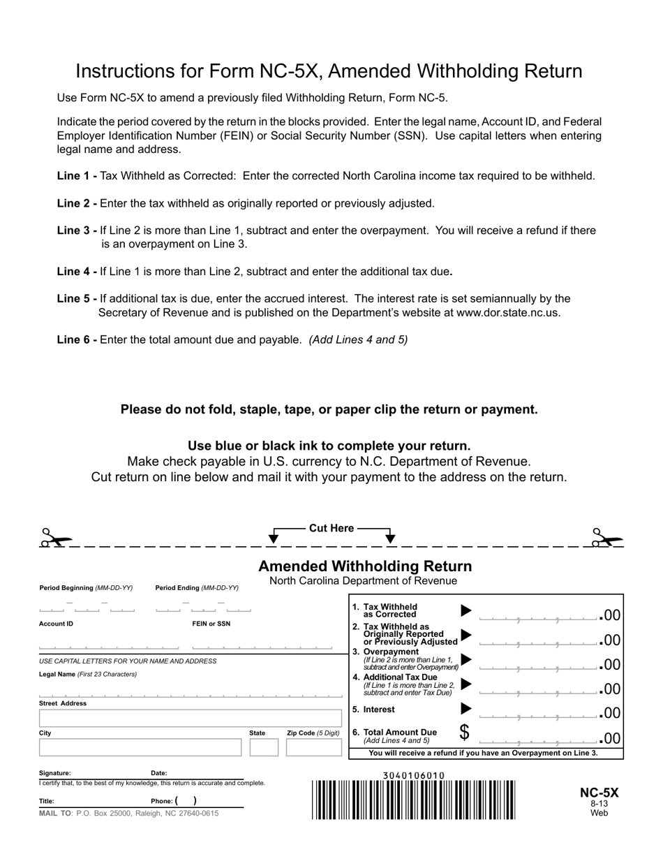 Form NC-5X Amended Withholding Return - North Carolina, Page 1