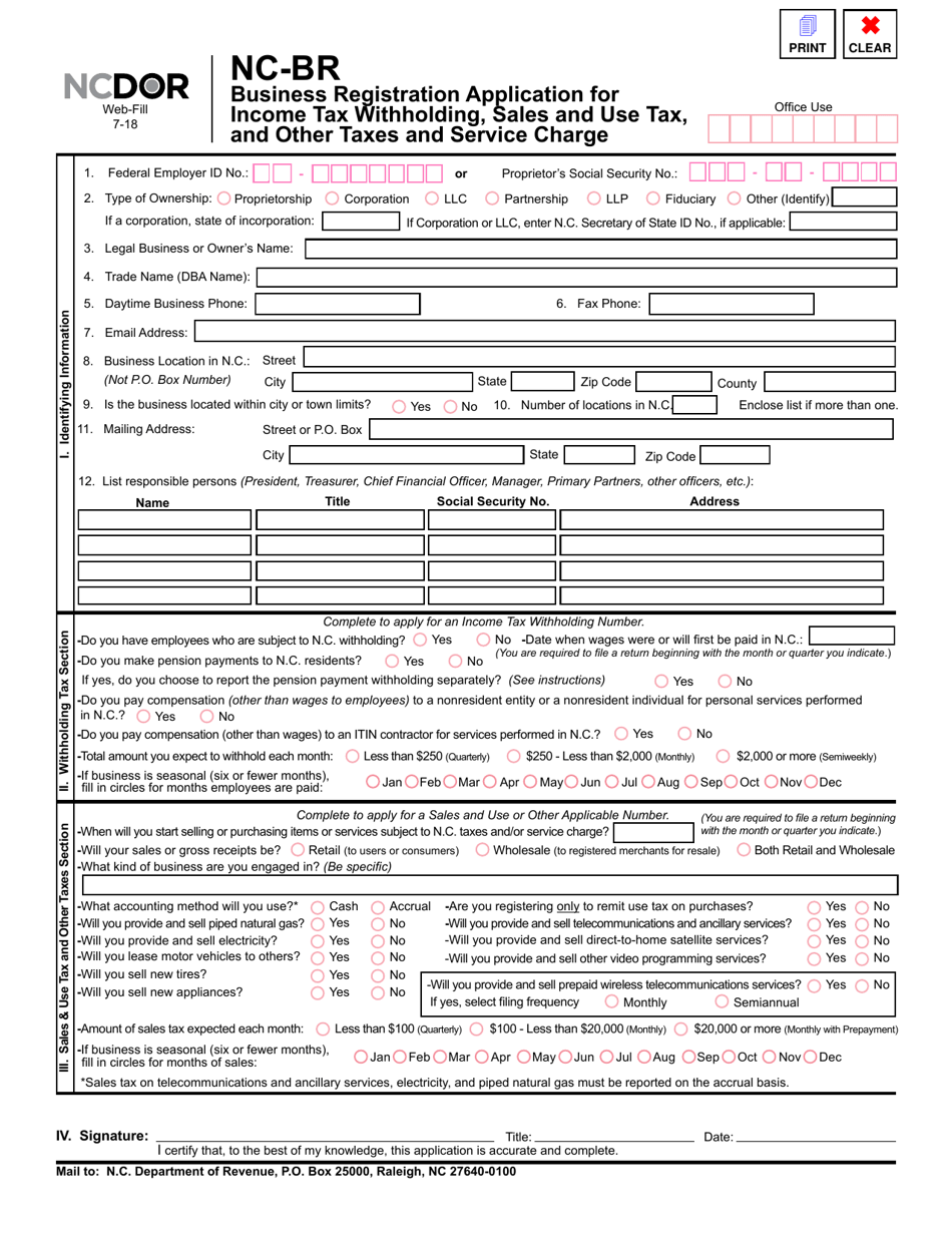 Form NC-BR Business Registration Application for Income Tax Withholding, Sales and Use Tax, and Other Taxes and Service Charge - North Carolina, Page 1