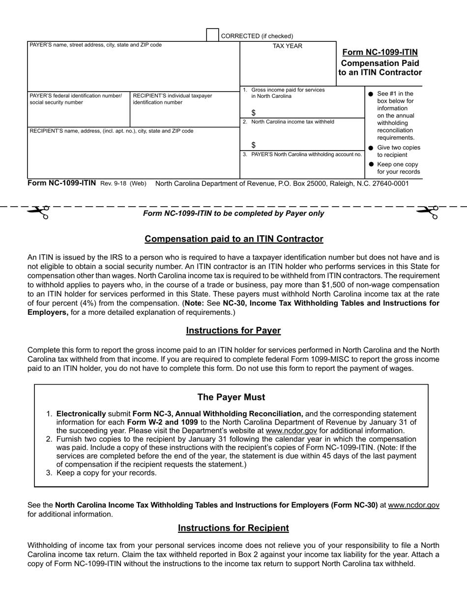 Form NC-1099-ITIN Compensation Paid to an Itin Contractor - North Carolina, Page 1