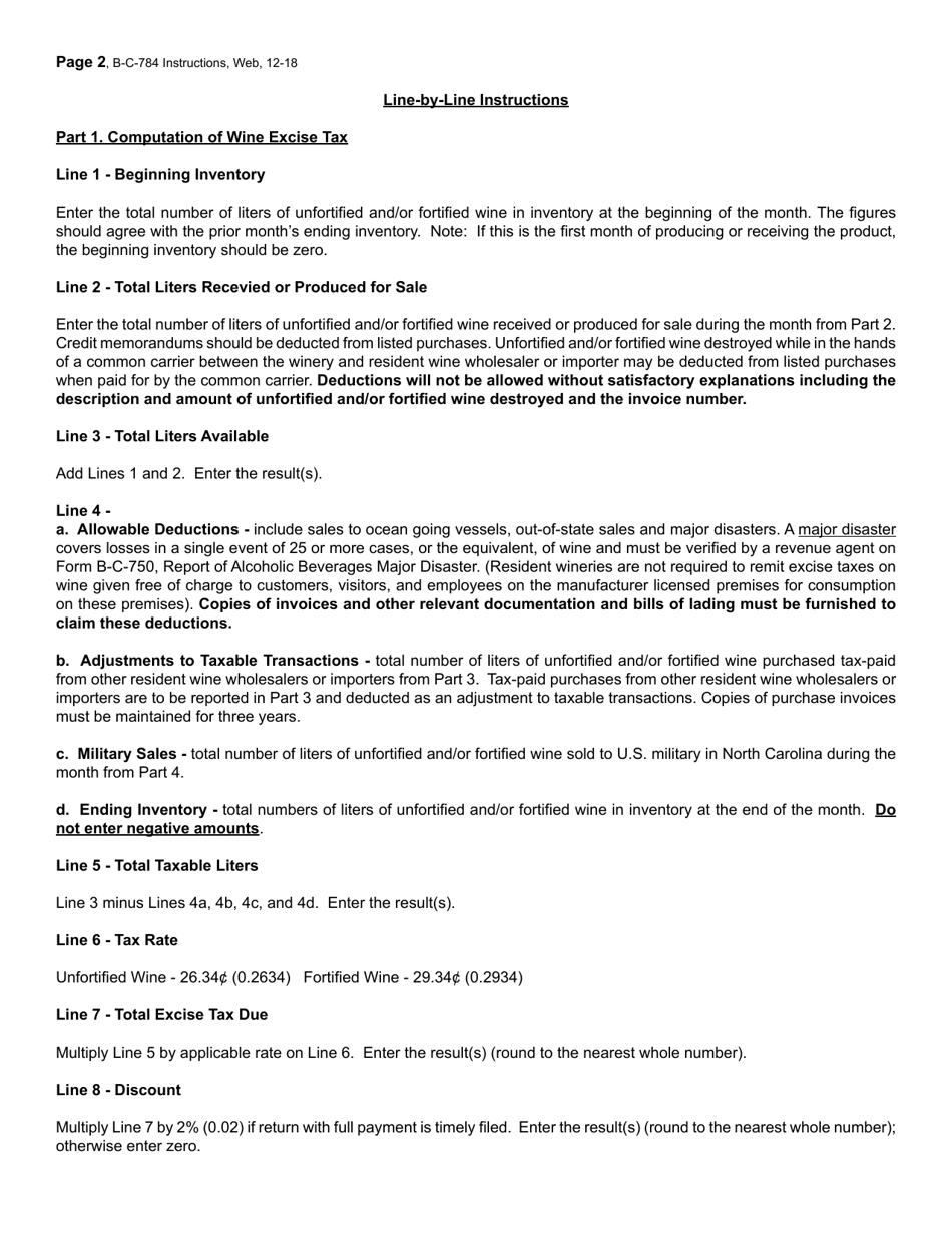 Instructions for Form B-C-784 Wine Wholesaler and Importer and Resident Winery Excise Tax Return - North Carolina, Page 2