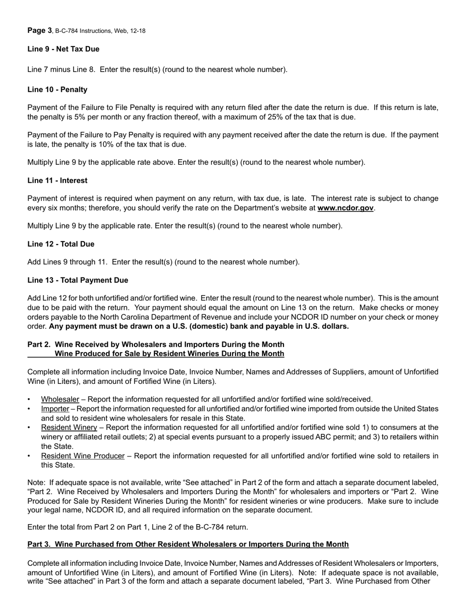Instructions for Form B-C-784 Wine Wholesaler and Importer and Resident Winery Excise Tax Return - North Carolina, Page 3