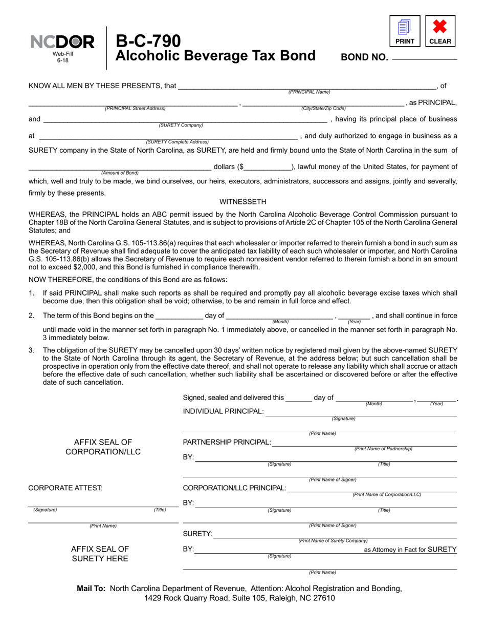 Form B-C-790 Alcoholic Beverage Tax Bond - North Carolina, Page 1