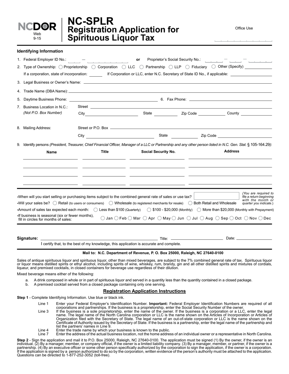 Form NC-SPLR Registration Application for Spirituous Liquor Tax - North Carolina, Page 1
