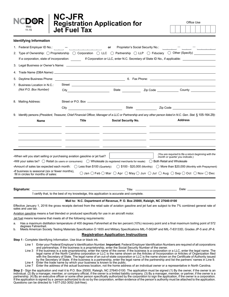 Form NC-JFR Registration Application for Jet Fuel Tax - North Carolina, Page 1