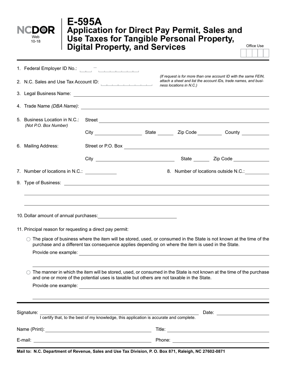 Form E-595A Application for Direct Pay Permit, Sales and Use Taxes for Tangible Personal Property, Digital Property, and Services - North Carolina, Page 1