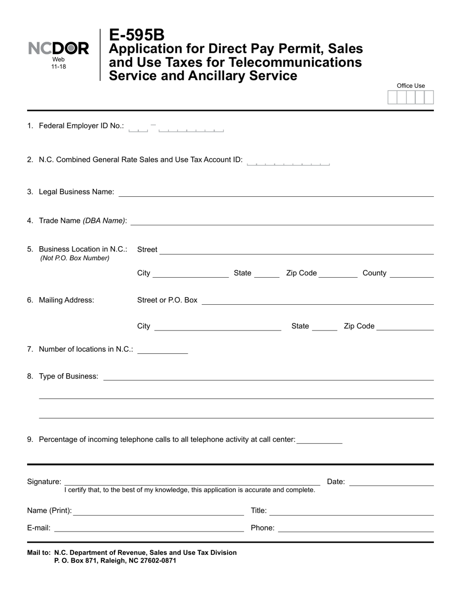 Form E-595B Application for Direct Pay Permit, Sales and Use Taxes for Telecommunications Service and Ancillary Service - North Carolina, Page 1