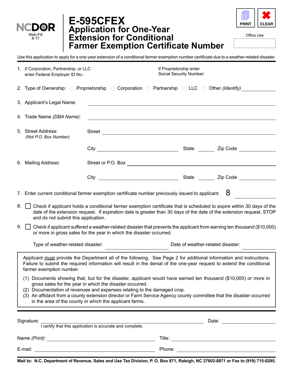 Form E-595CFEX Application for One-Year Extension for Conditional Farmer Exemption Certificate Number - North Carolina, Page 1