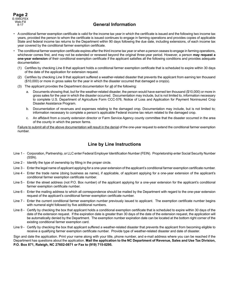 Form E-595CFEX Application for One-Year Extension for Conditional Farmer Exemption Certificate Number - North Carolina, Page 2