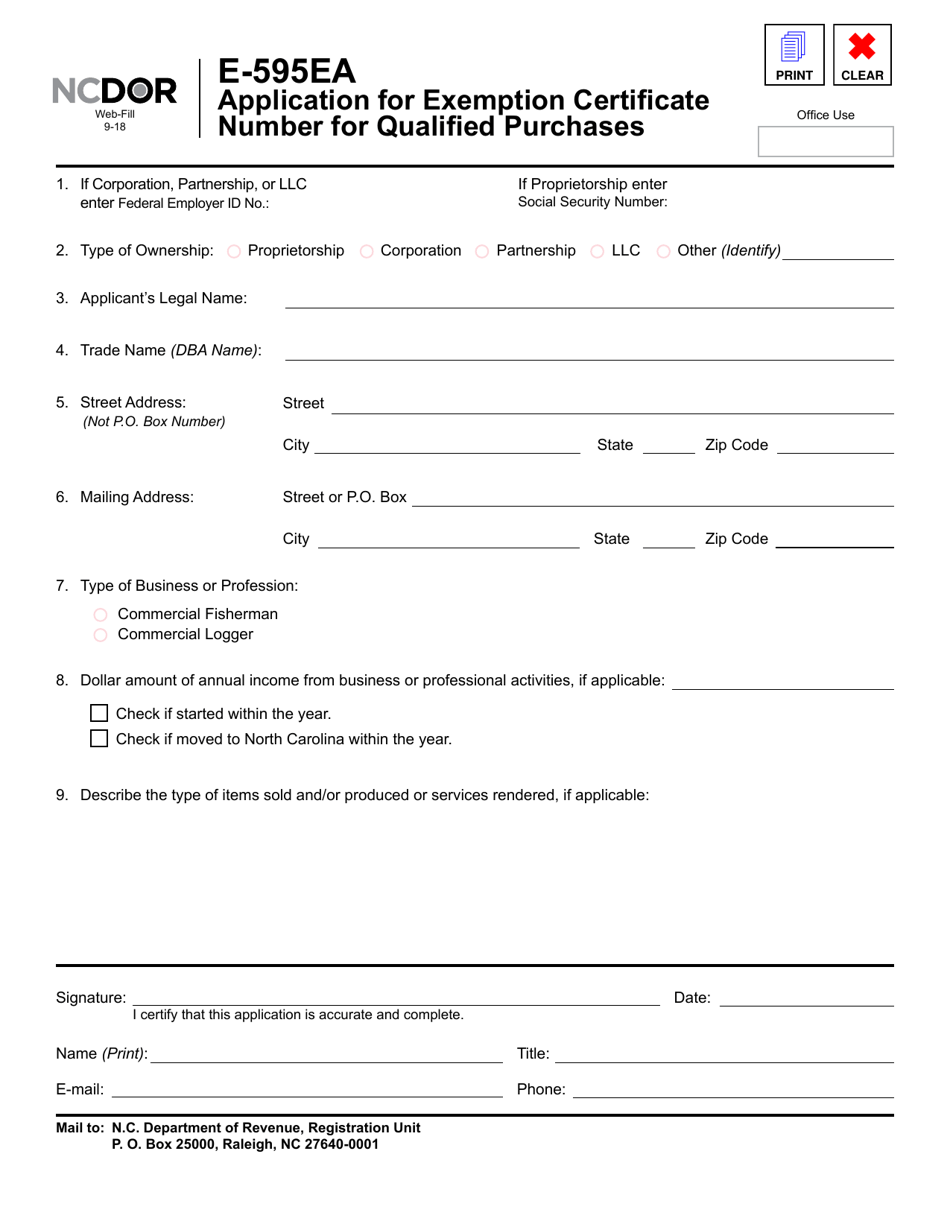 Form E-595EA Application for Exemption Certificate Number for Qualified Purchases - North Carolina, Page 1