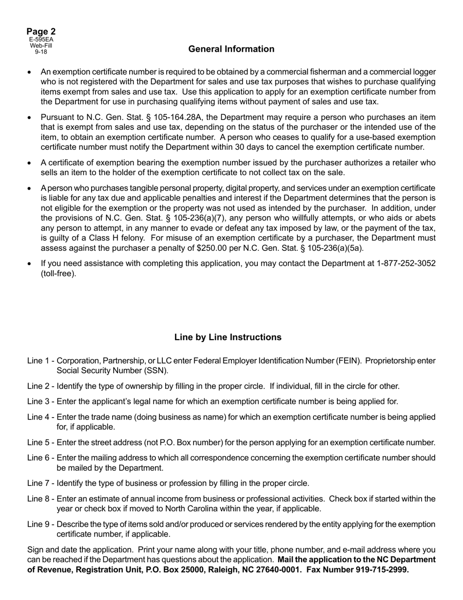 Form E-595EA Application for Exemption Certificate Number for Qualified Purchases - North Carolina, Page 2