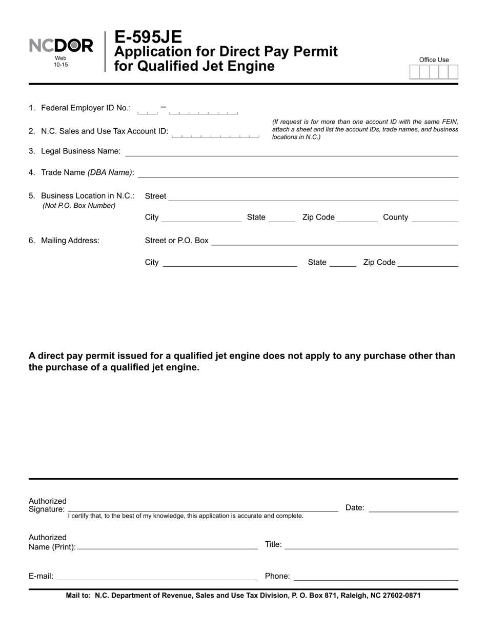 Form E-595JE Application for Direct Pay Permit for Qualified Jet Engine - North Carolina, Page 1