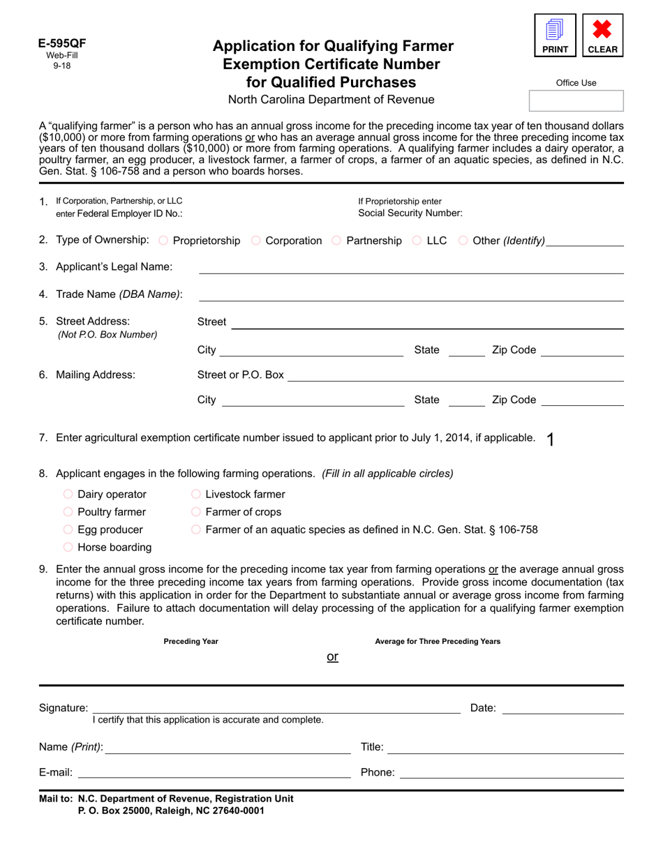 Form E-595QF Application for Qualifying Farmer Exemption Certificate Number for Qualified Purchases - North Carolina, Page 1