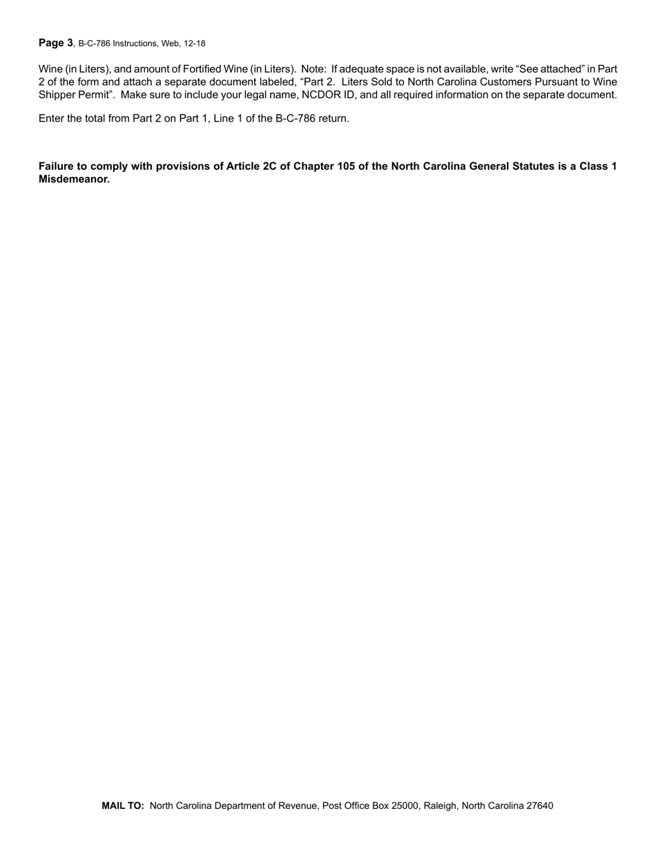 Instructions for Form B-C-786 Wine Shipper Permittee Annual Excise Tax Return - North Carolina, Page 3