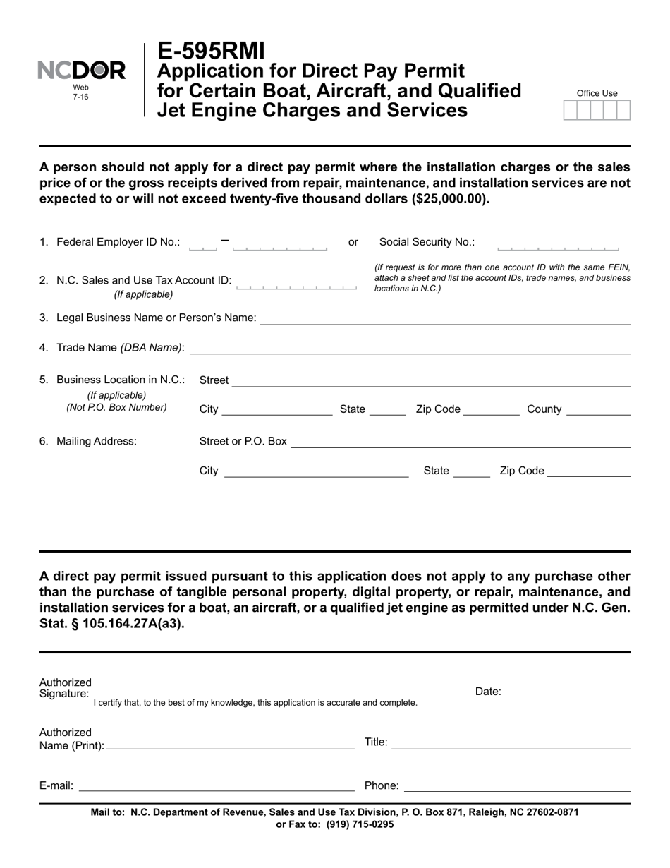 Form E-595RMI Application for Direct Pay Permit for Certain Boat, Aircraft, and Qualified Jet Engine Charges and Services - North Carolina, Page 1