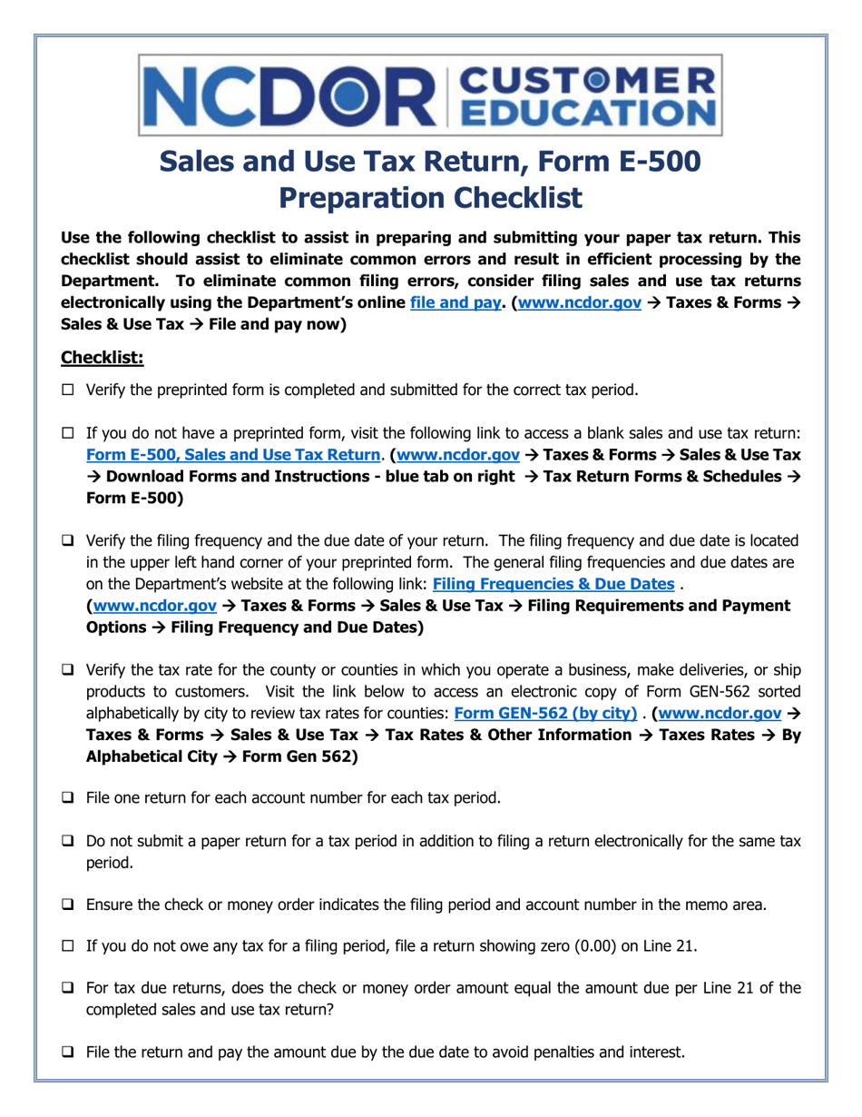Form E-500 Preparation Checklist - North Carolina, Page 1