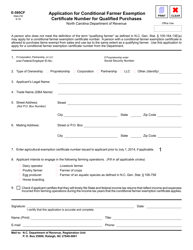 Document preview: Form E-595CF Application for Conditional Farmer Exemption Certificate Number for Qualified Purchases - North Carolina