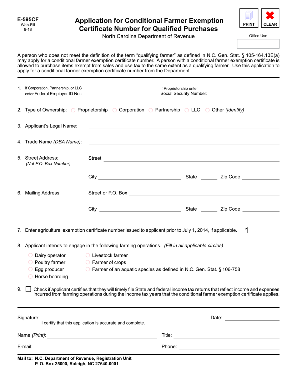 Form E-595CF Application for Conditional Farmer Exemption Certificate Number for Qualified Purchases - North Carolina, Page 1
