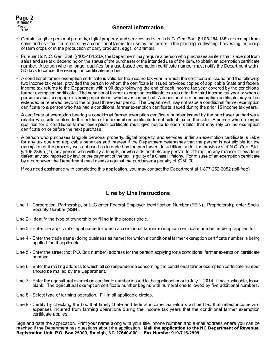 Form E-595CF Application for Conditional Farmer Exemption Certificate Number for Qualified Purchases - North Carolina, Page 2