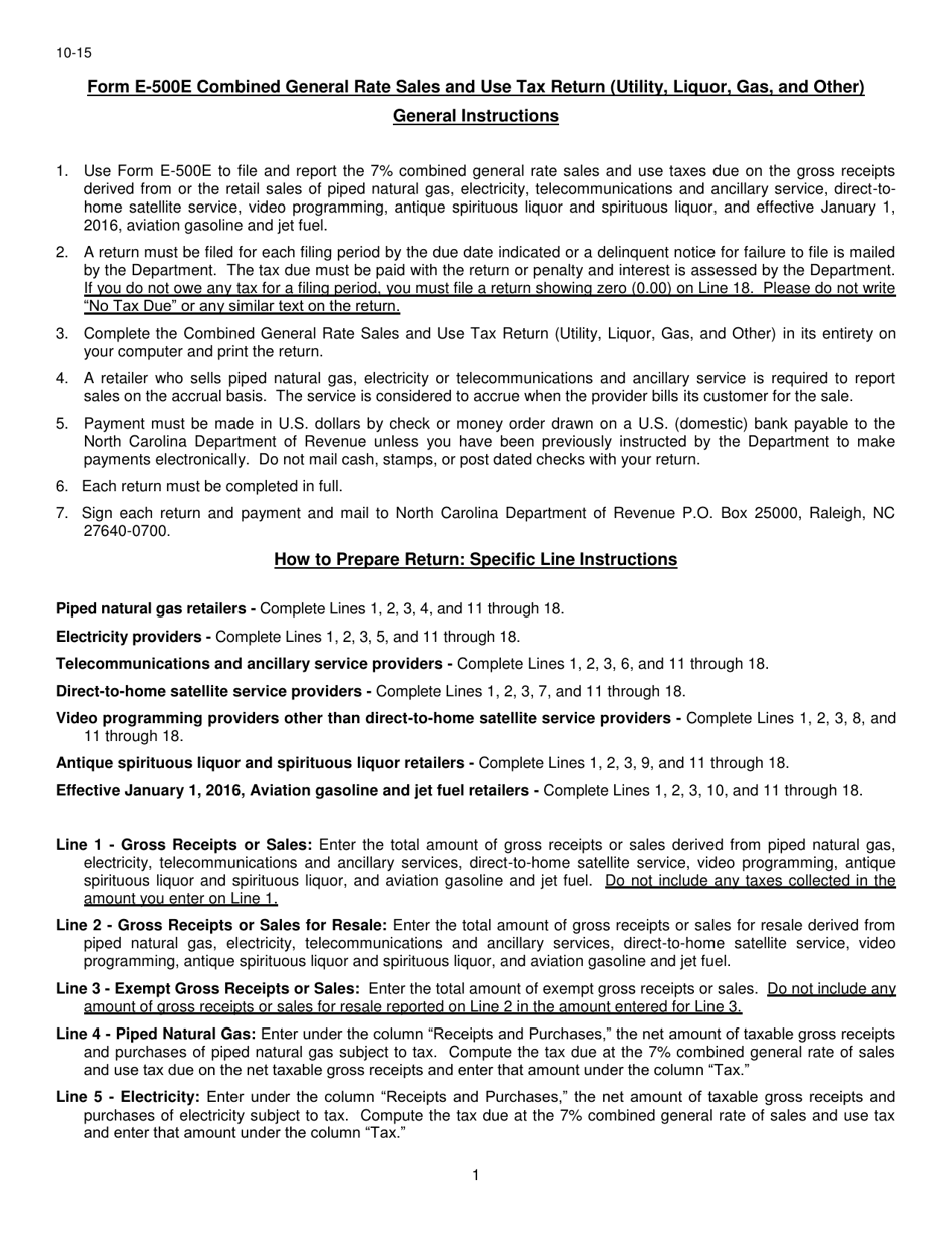 Instructions for Form E-500E Combined General Rate Sales and Use Tax Return (Utility, Liquor, Gas, and Other) - North Carolina, Page 1