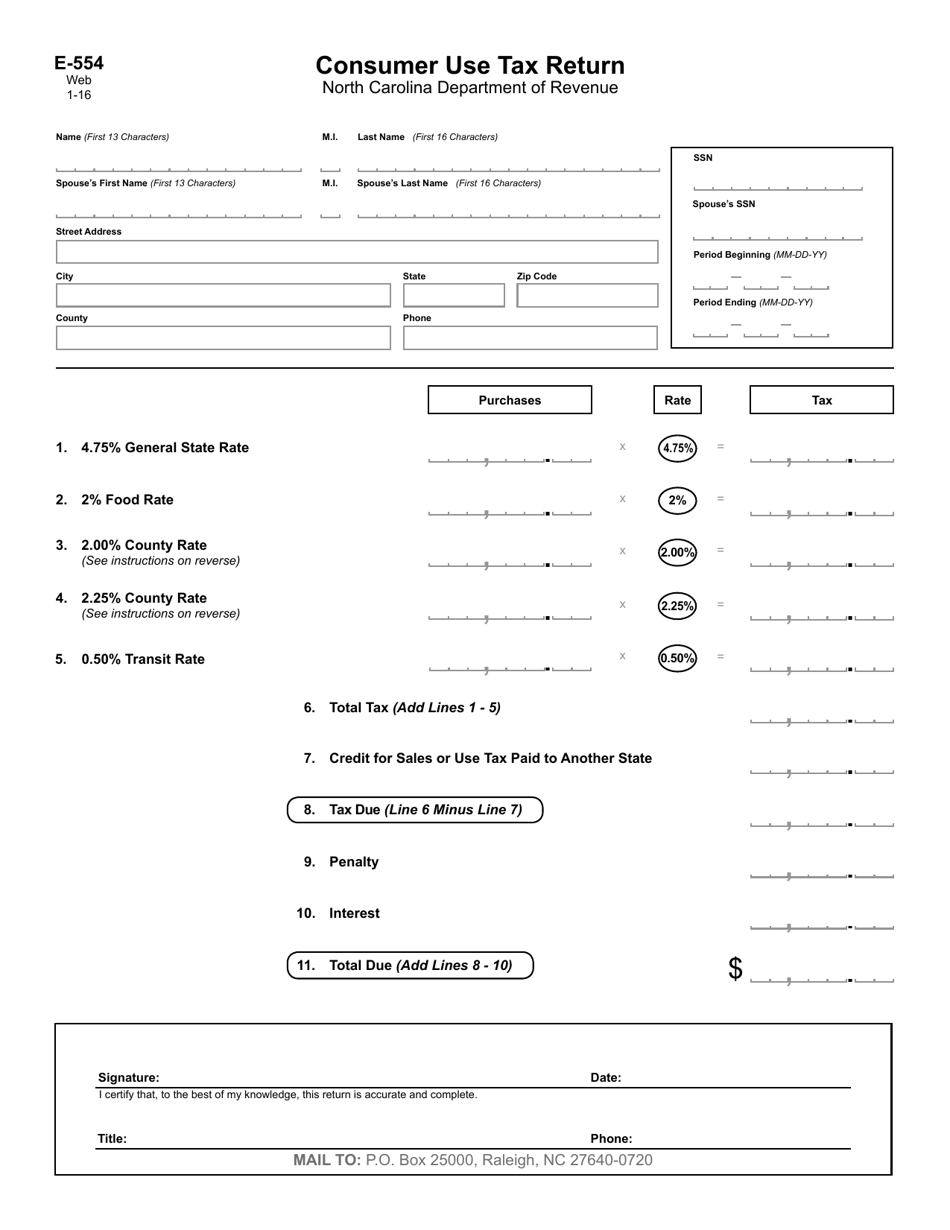 Form E-554 Consumer Use Tax Return - North Carolina, Page 1