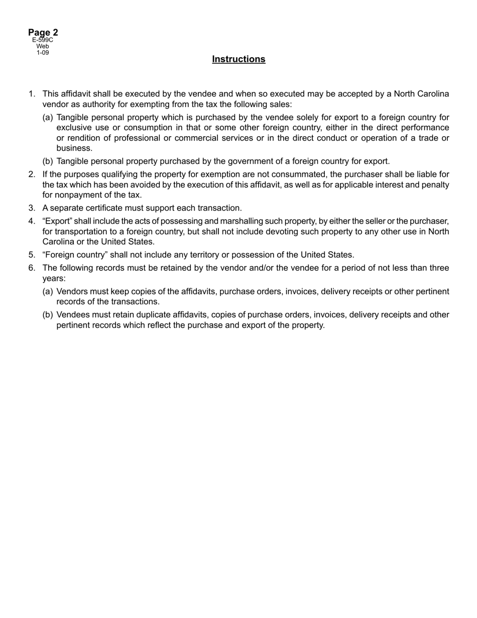 Form E-599C Purchasers Affidavit of Export - North Carolina, Page 2