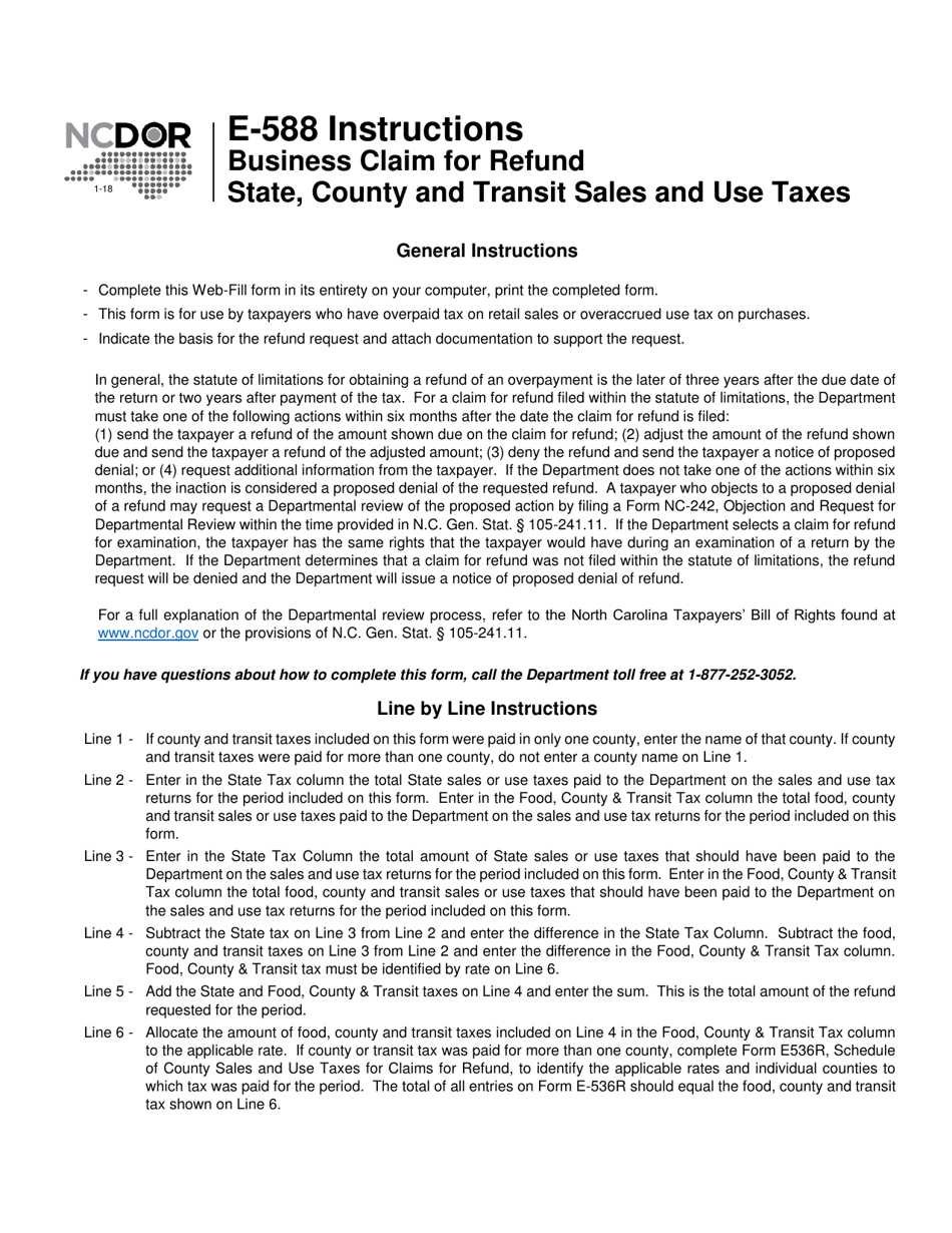 Instructions for Form E-588 Business Claim for Refund State, County and Transit Sales and Use Taxes - North Carolina, Page 1