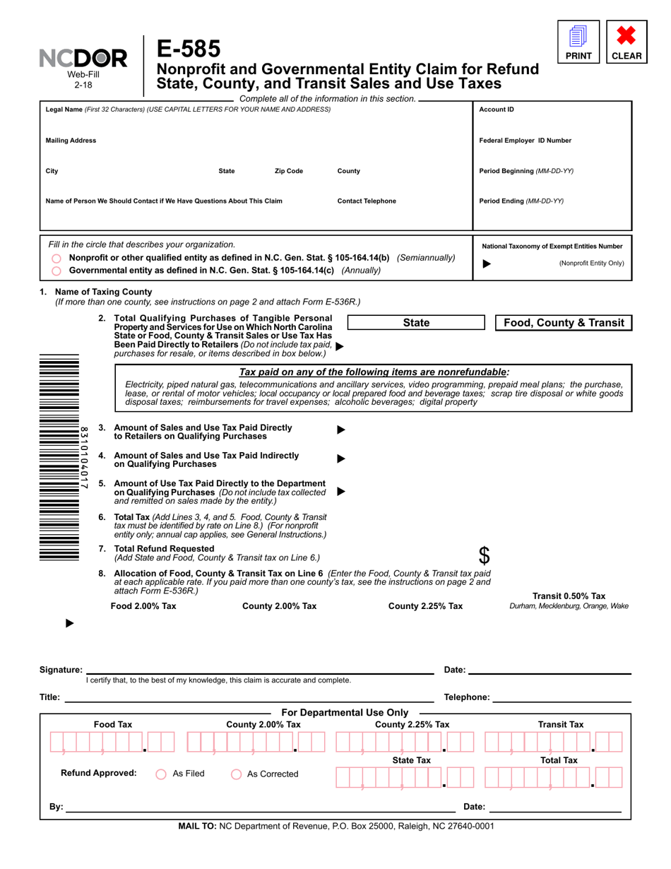 Form E-585 Nonprofit and Governmental Entity Claim for Refund State, County, and Transit Sales and Use Taxes - North Carolina, Page 2