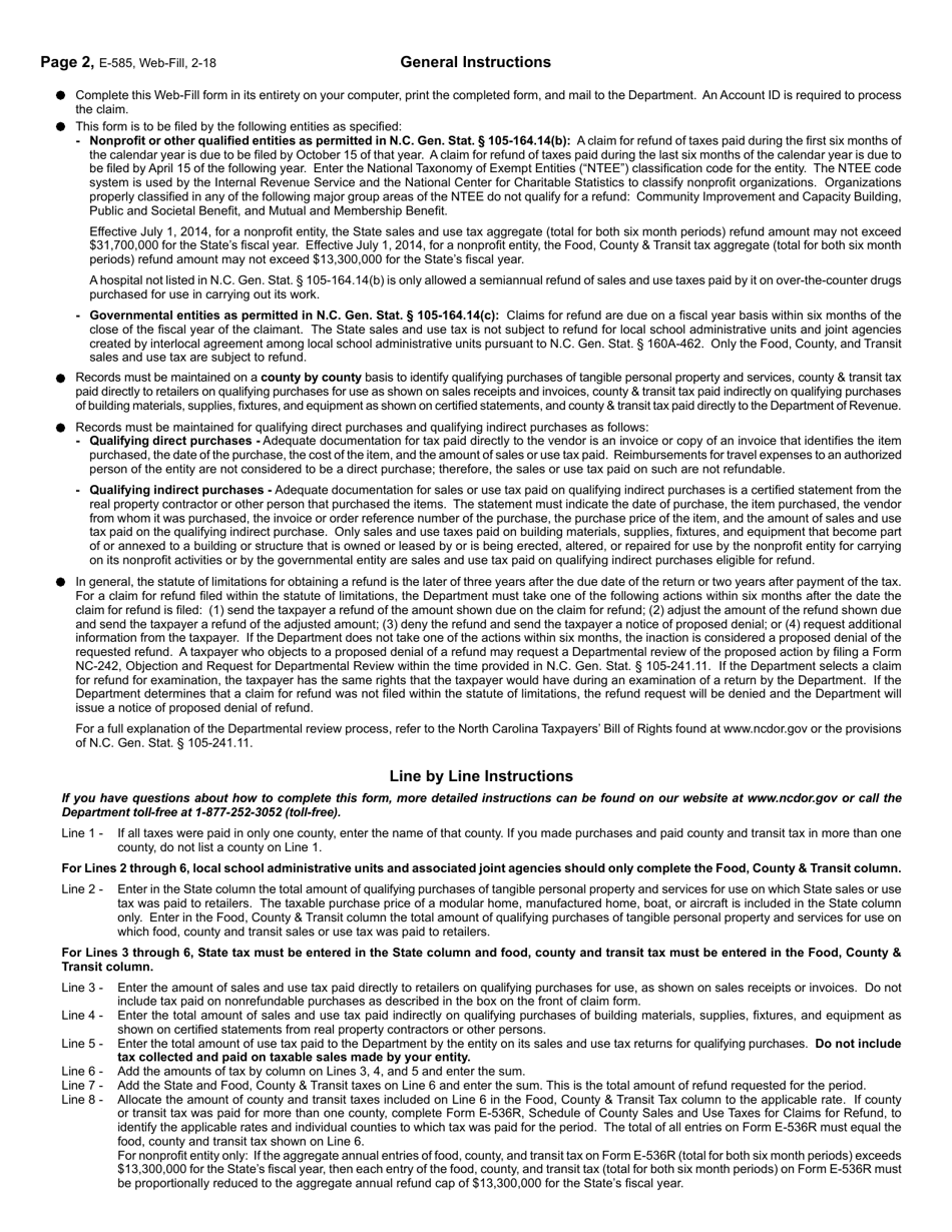 Form E-585 Nonprofit and Governmental Entity Claim for Refund State, County, and Transit Sales and Use Taxes - North Carolina, Page 3