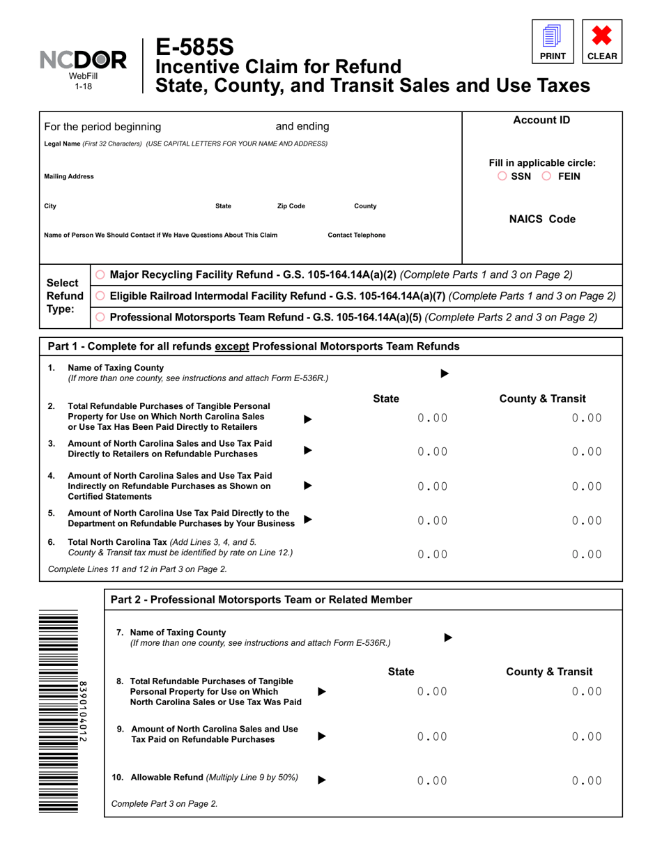 Form E-585S Download Fillable PDF or Fill Online Incentive Claim for ...