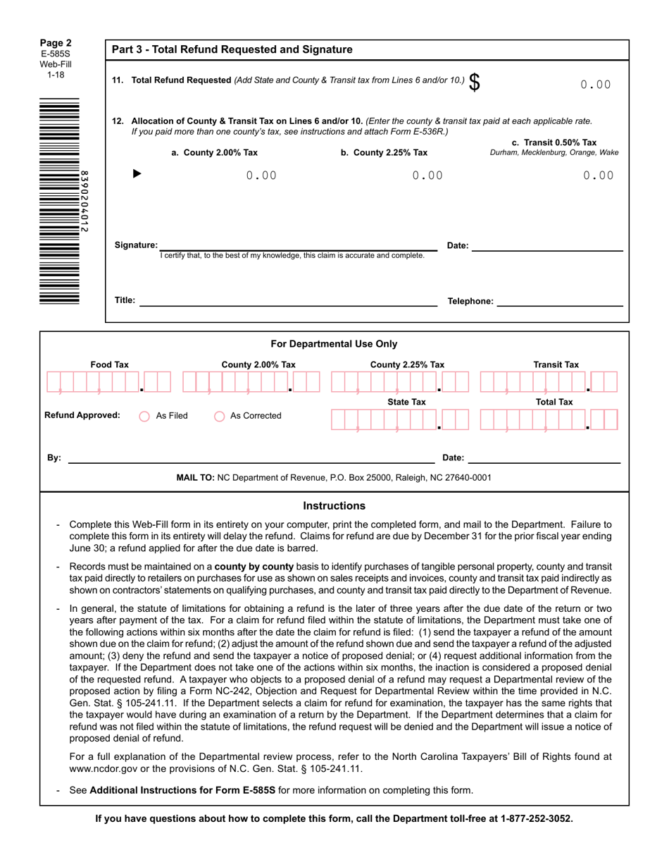 Form E585S Download Fillable PDF or Fill Online Incentive Claim for Refund State, County, and