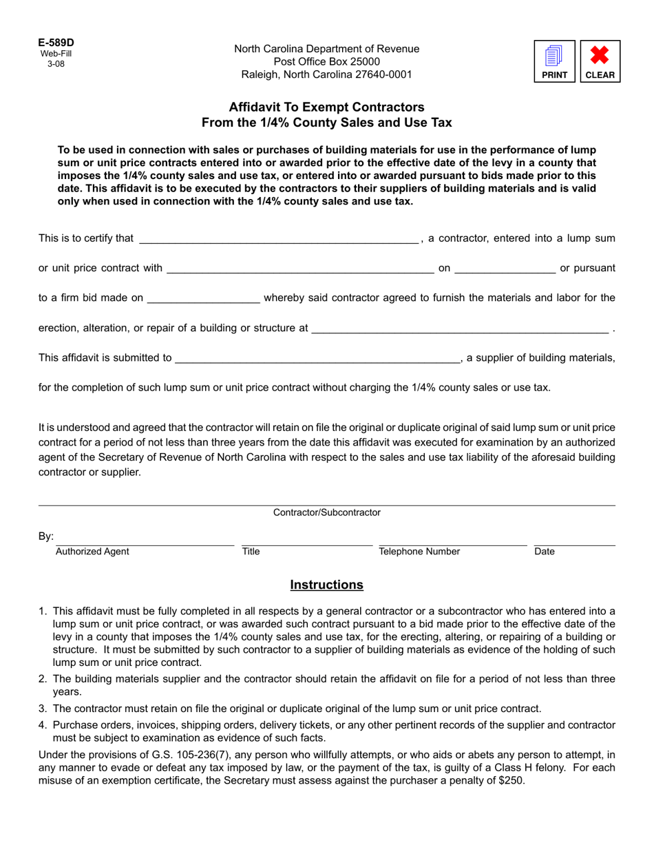 Form E-589D Affidavit to Exempt Contractors From the 1/4% County Sales and Use Tax - North Carolina, Page 1