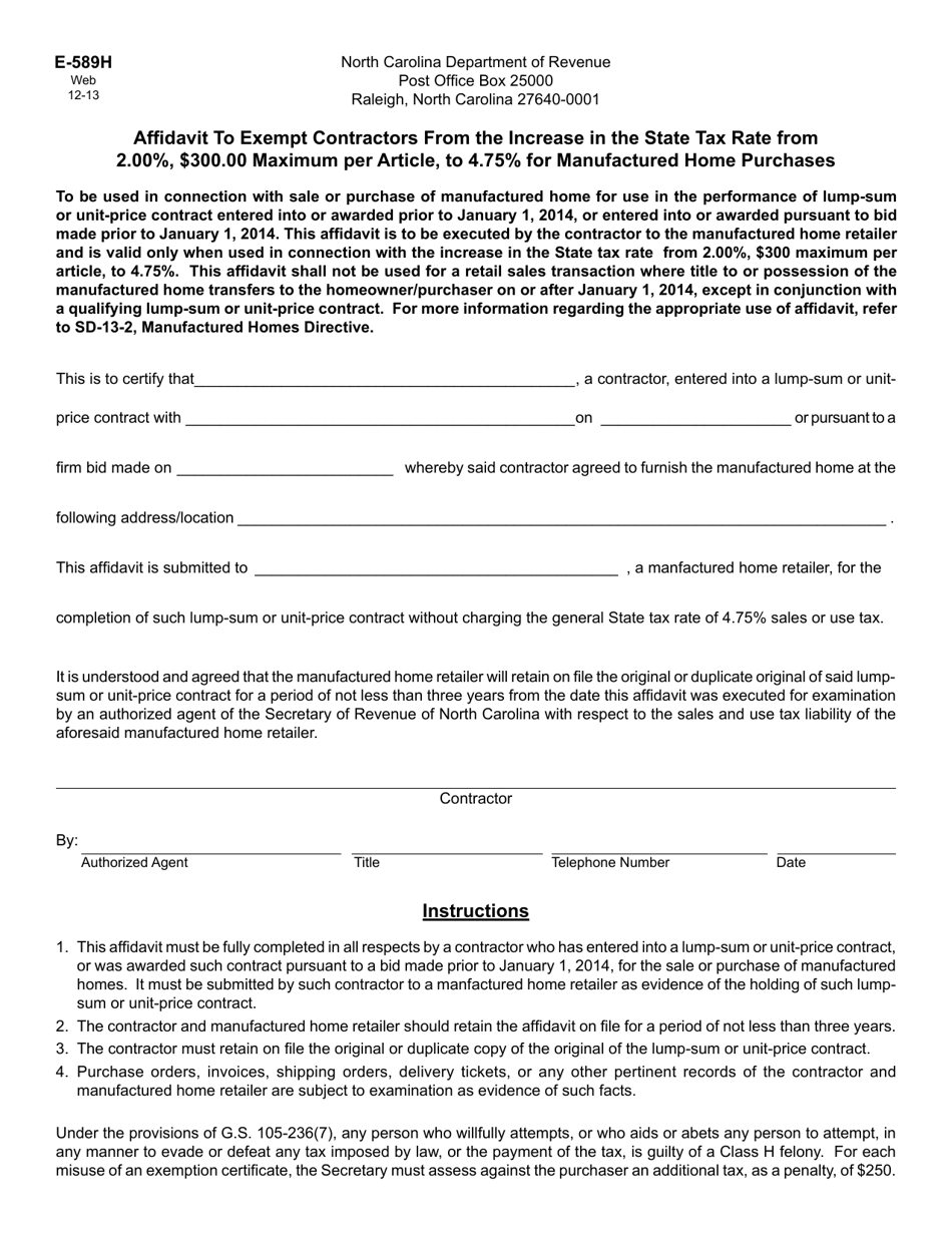 Form E-589H Affidavit to Exempt Contractors From the Increase in the State Tax Rate From 2.00%, $300.00 Maximum Per Article, to 4.75% for Manufactured Home Purchases - North Carolina, Page 1