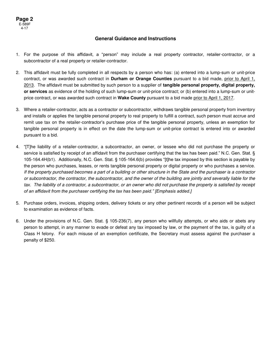 Form E-589F Affidavit to Exempt Certain Purchases From the Additional 0.50%transit Sales and Use Tax - North Carolina, Page 2