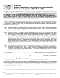 Form E-589J Affidavit to Exempt From Sales and Use Tax Certain Qualifying Purchases or Charges on or After March 1, 2016 - North Carolina