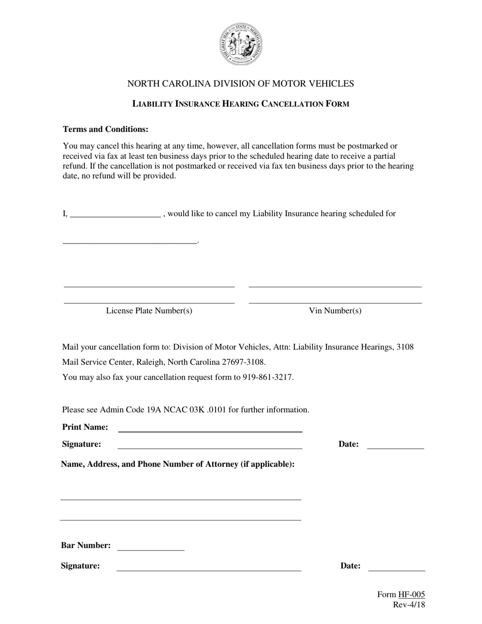 Form HF-005 Liability Insurance Hearing Cancellation Form - North Carolina, Page 1